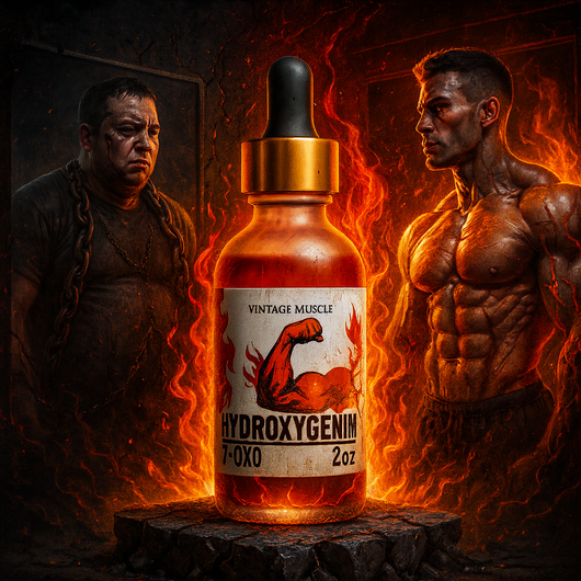 Bottle of 'Vintage Muscle Hydroxygenim' with muscular figures in the background